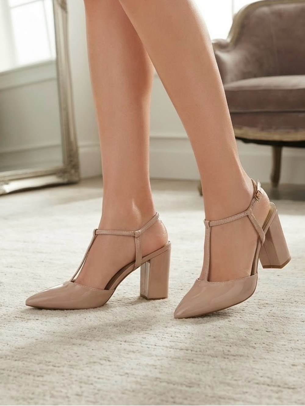 Nine West Patent Pointed T-Strap Pumps - Nude Blush